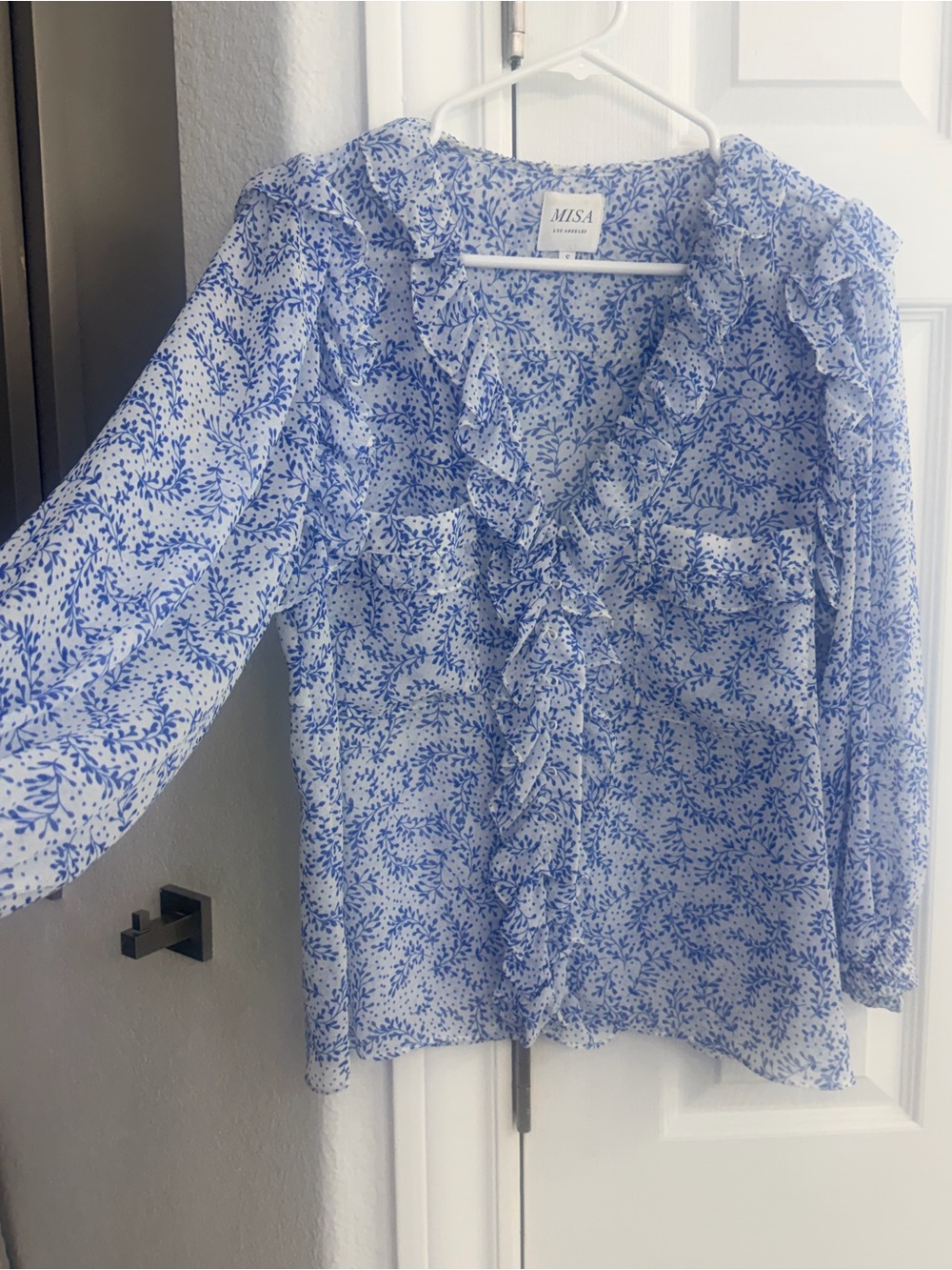 Misa Los Angeles White and Blue Floral Ruffle Blouse